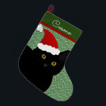 Santa Cat Black With Yellow Eyes Personalized Large Christmas Stocking<br><div class="desc">Create a personalized stocking for your fur baby. This design consists of a short hair black cat with yellow eyes wearing a cute Santa hat in Christmas colors. Customize the background and text style to your needs.  Original design by Night Owl's Menagerie,  2017.</div>