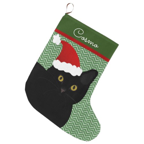 Santa Cat Black With Yellow Eyes Personalized Large Christmas Stocking