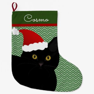 Santa Cat Black With Yellow Eyes Personalized Large Christmas Stocking