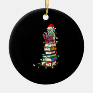 Santa Cat books christmas light tshirt funny Books Ceramic Ornament