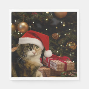 Santa Cat by the Christmas Tree Napkins
