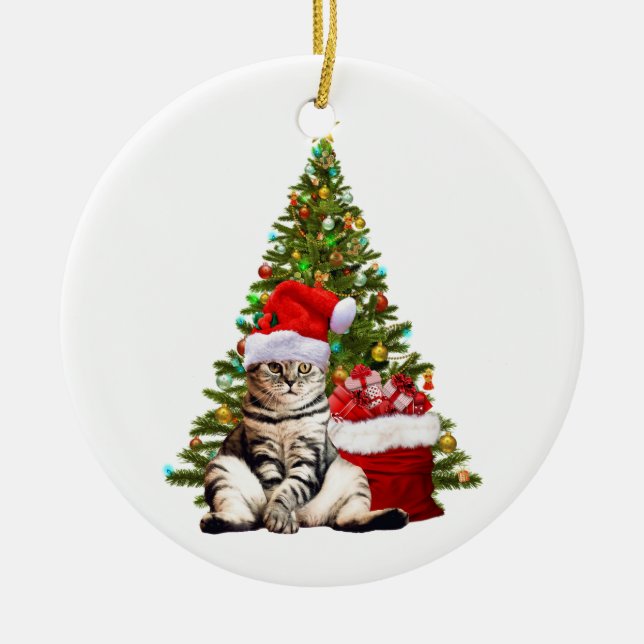 Santa Cat Ceramic Ornament (Front)