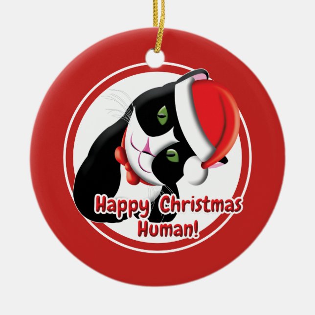 Santa Cat Ceramic Ornament (Front)