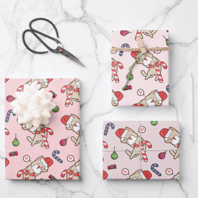 Santa Cat Christmas Pink Pattern Wrapping Paper Sheets (Front)