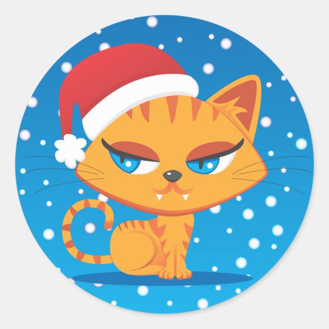 Santa Cat Classic Round Sticker (Front)