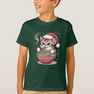 Santa Cat Eating Ramen Cute Christmas Kitty T-Shirt