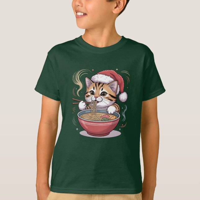 Santa Cat Eating Ramen Cute Christmas Kitty T-Shirt (Front)