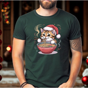 Santa Cat Eating Ramen Cute Christmas Kitty T-Shirt