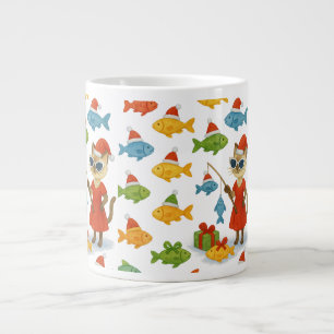 Santa Cat in Fishing Christmas Wrapping Paper  Giant Coffee Mug