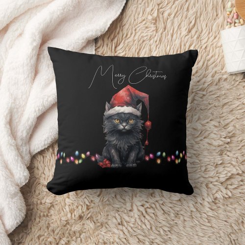 Santa Cat Kitten Christmas Red and Plaid Throw Pillow