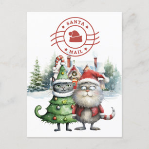 Santa Cat Mail with Christmas Tree Holiday Postcard