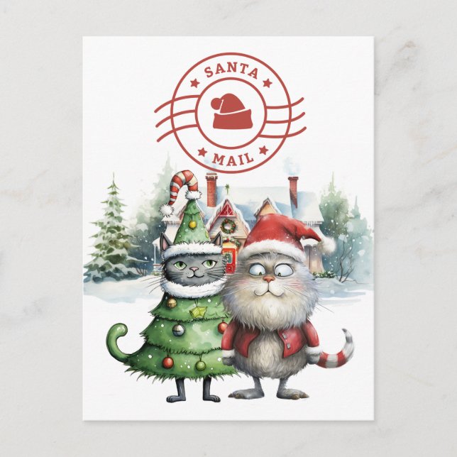 Santa Cat Mail with Christmas Tree Holiday Postcard (Front)