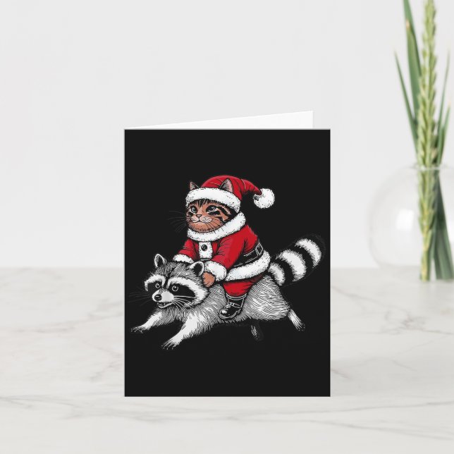 Santa Cat Riding A Raccoon Christmas Men Women Kid Card (Front)