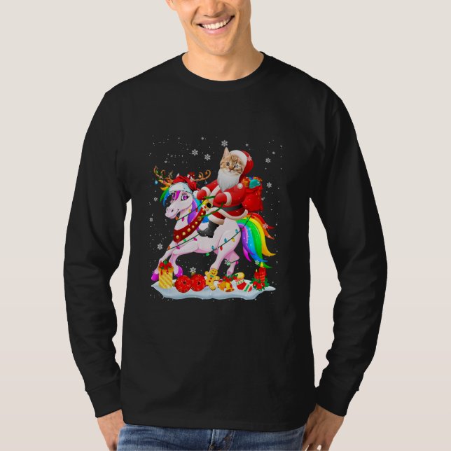 Santa Cat Riding Unicorn Christmas Santa Cat T-Shirt (Front)