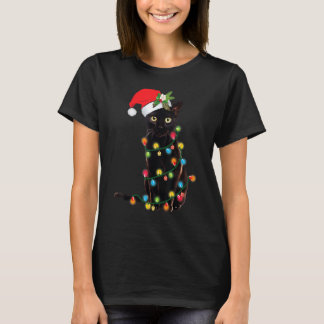 Santa Cat Tangled Up In Christmas Tree Lights Holi T-Shirt