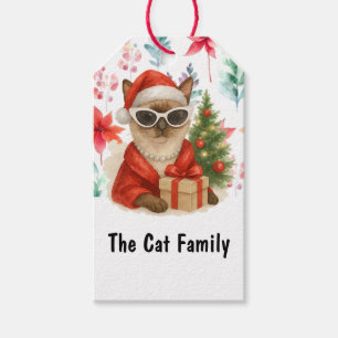 Santa Cat wear Sunglasses holds Christmas gift Tags