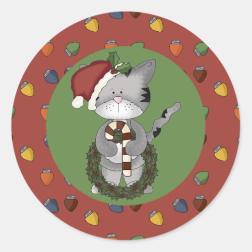 Santa Cat with Candy Cane and Wreath Classic Round Sticker