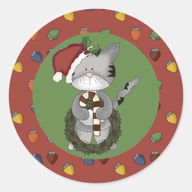 Santa Cat with Candy Cane and Wreath Classic Round Sticker (Front)