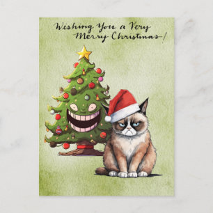 Santa Cat with Christmas Tree for Cat Lovers Holiday Postcard