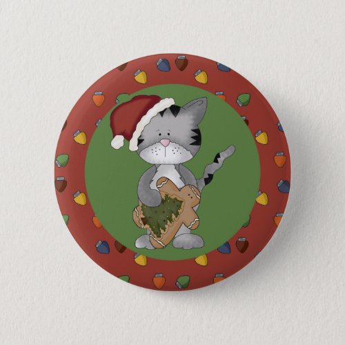 Santa Cat with Gingerbread Man Button