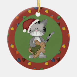 Santa Cat with Gingerbread Man Ceramic Ornament