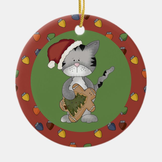 Santa Cat with Gingerbread Man Ceramic Ornament (Front)