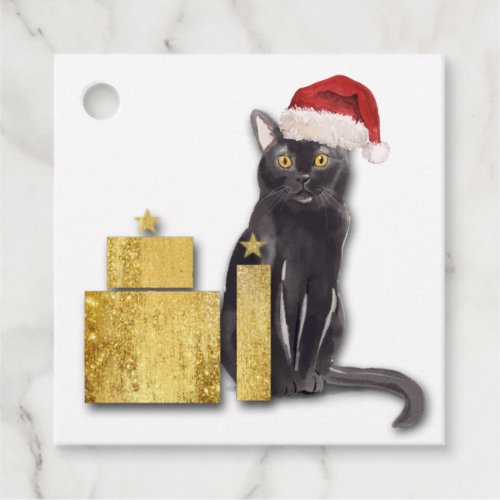 Santa Cat with Gold Packages Gift Tags