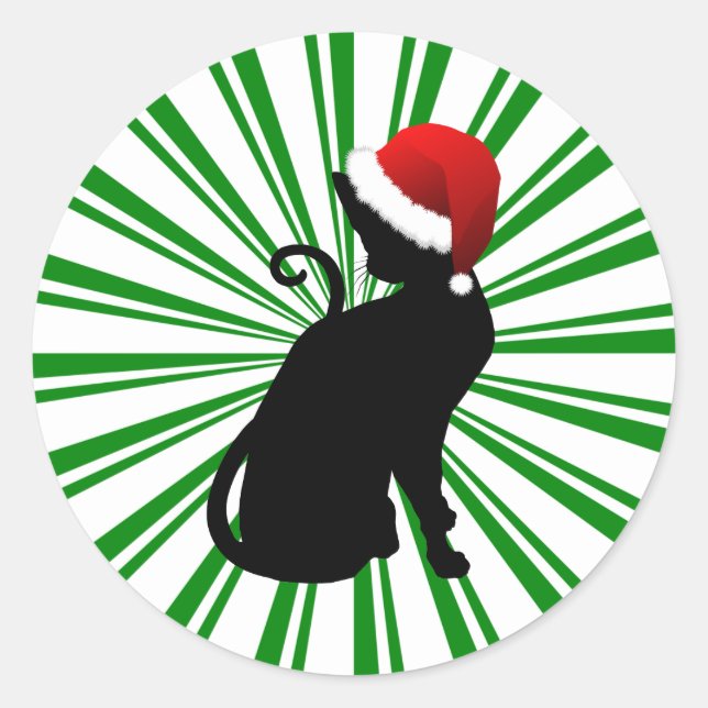 Santa Cat with Green Stripes Classic Round Sticker (Front)