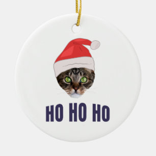 Santa Cat with Santa hat, Ho Ho ho Invitation Squa Ceramic Ornament