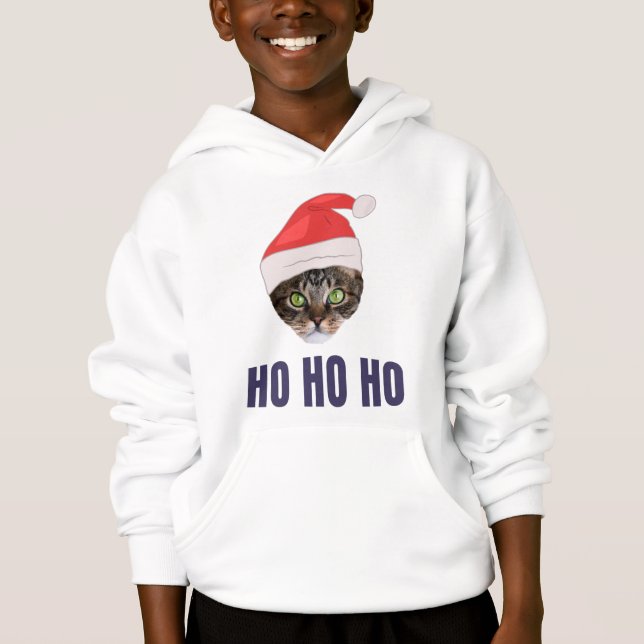 Santa Cat with Santa hat, Ho Ho ho Invitation Squa Hoodie (Front)