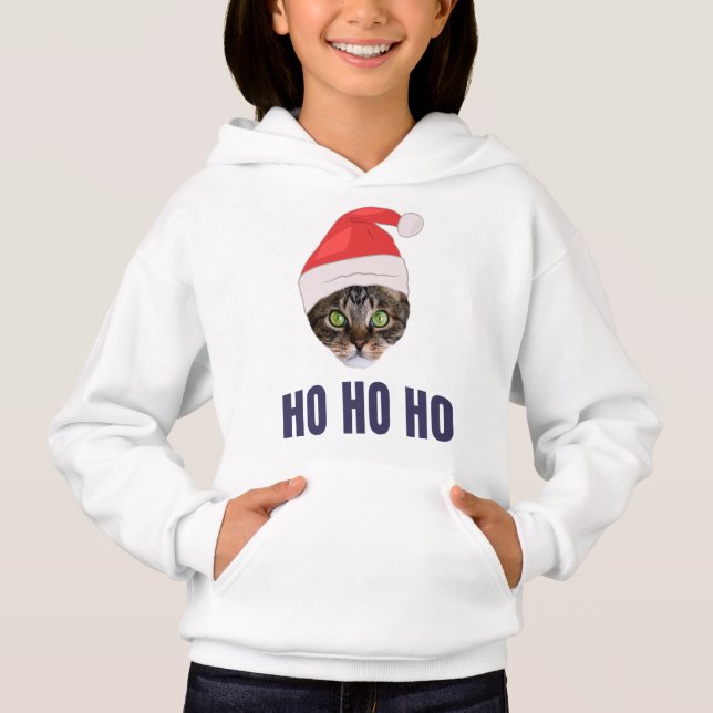 Santa Cat with Santa hat, Ho Ho ho Invitation Squa Hoodie (Front)