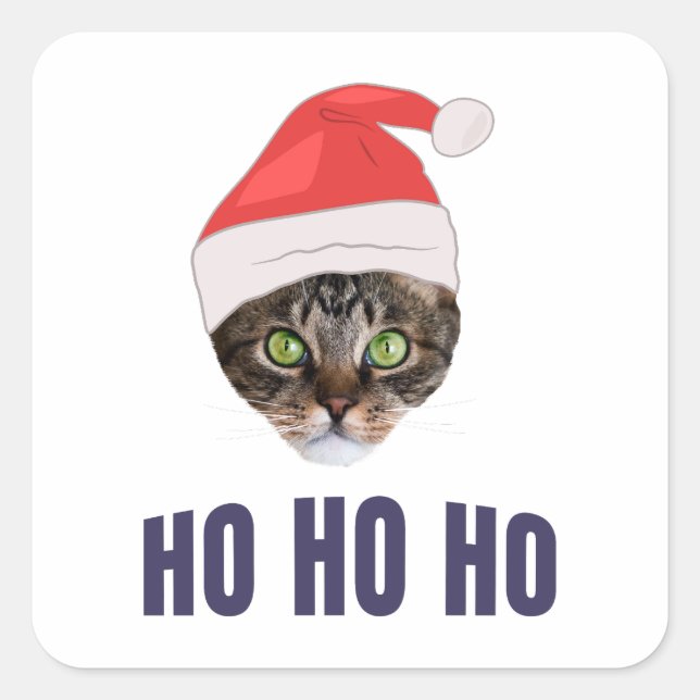 Santa Cat with Santa hat, Ho Ho ho Invitation Square Sticker (Front)