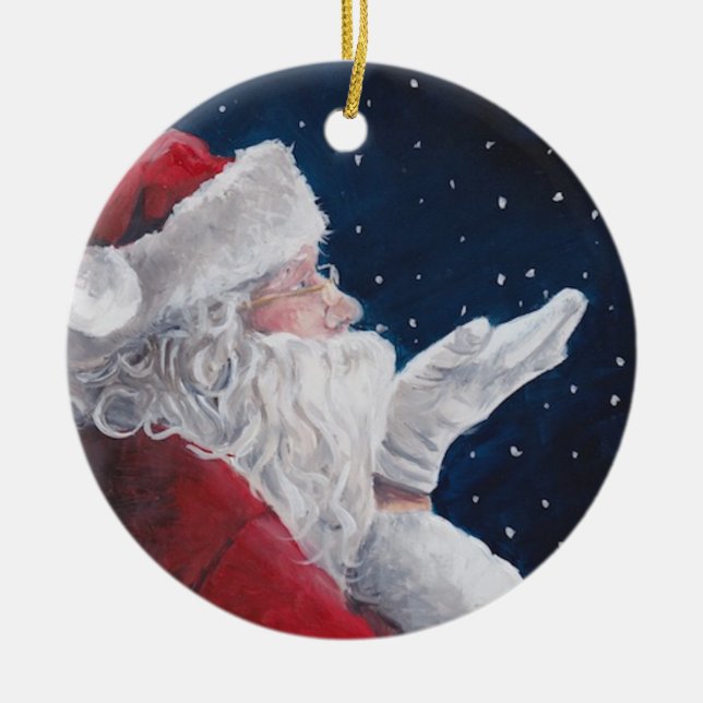 Santa Catching Snowflakes Christmas Art Ornament (Front)