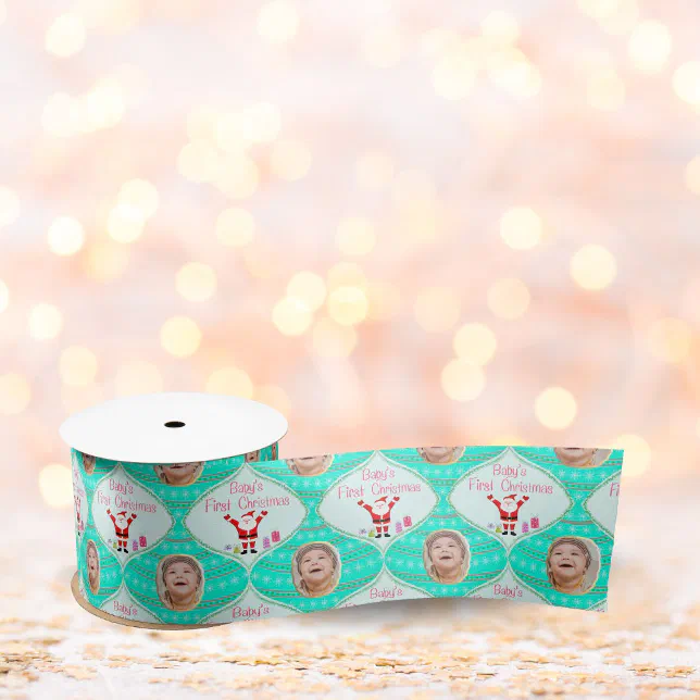 Santa Celebrates Baby's First Christmas Photo Satin Ribbon | Zazzle