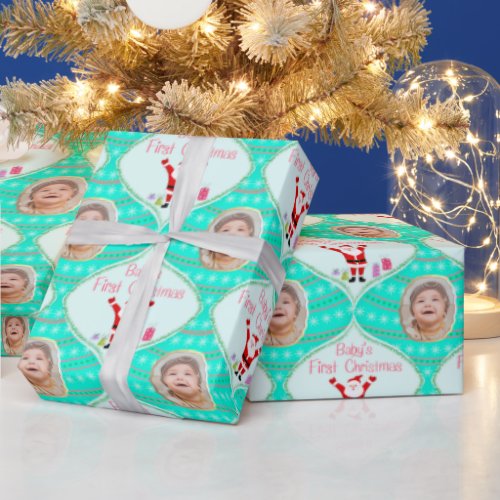 Santa Celebrates Babys First Christmas Photo Wrapping Paper