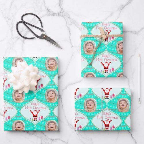 Santa Celebrates Babys First Christmas Photo  Wrapping Paper Sheets