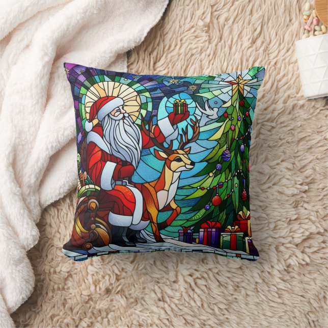 Santa celebrates by the colorful Christmas tree Throw Pillow (Blanket)