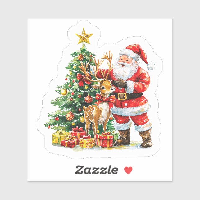 Santa Celebrates Christmas With Reindeer Sticker (Sheet)