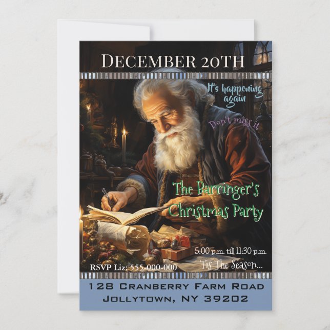 Santa Checking His Guest List Christmas Party Invitation (Front)