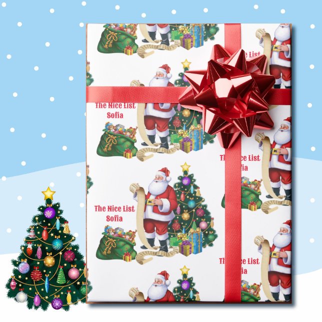 Santa Checking His List Personalize Child's Name Wrapping Paper (Creator Uploaded)
