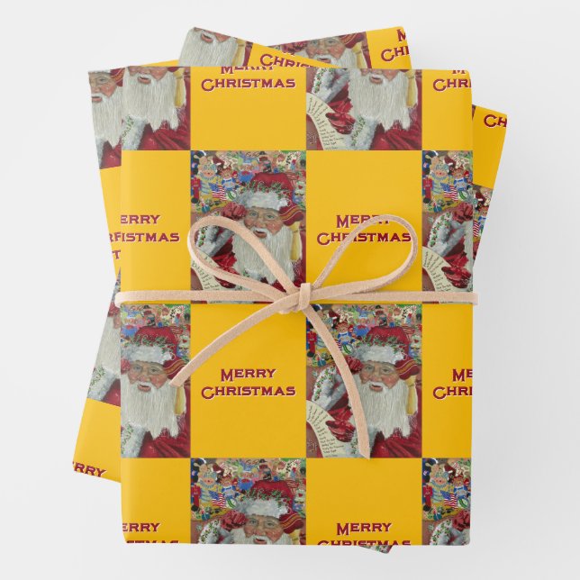 Santa Checking It Twice Merry Christmas Gold Wrapping Paper Sheets (In situ)