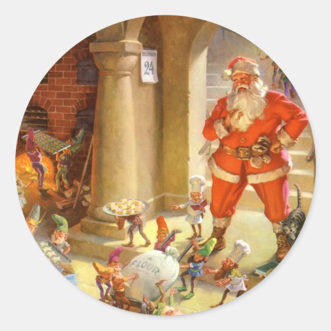 Santa Checks In With His Cookie Baking Elves Classic Round Sticker (Front)