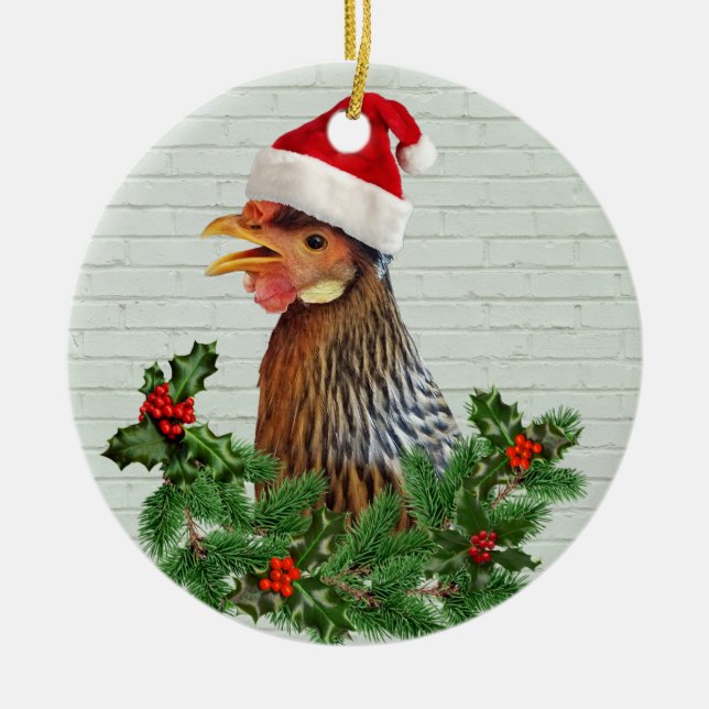 Santa Chicken Ceramic Ornament (Front)