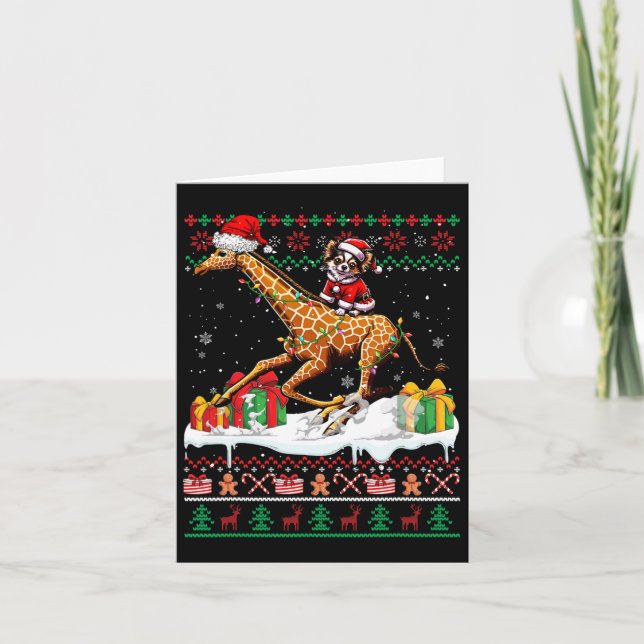 Santa Chihuahua Riding Giraffe Christmas Sweater L Card (Front)