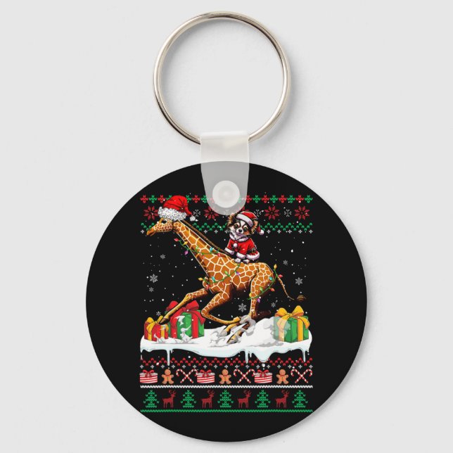 Santa Chihuahua Riding Giraffe Christmas Sweater L Keychain (Front)