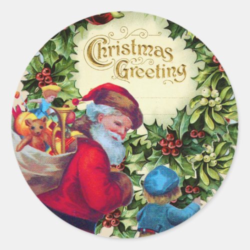 SANTACHILDCHRISTMAS CROWNHOLLYBERRYMISTLETOES CLASSIC ROUND STICKER