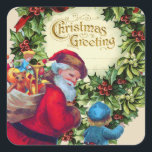 SANTA,CHILD,CHRISTMAS CROWN,HOLLYBERRY,MISTLETOES SQUARE STICKER<br><div class="desc">Colorful Vintage style Christmas design with Santa</div>