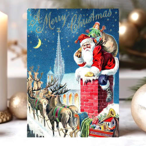 Santa Chimney Reindeer On Vintage Christmas Scene Holiday Postcard