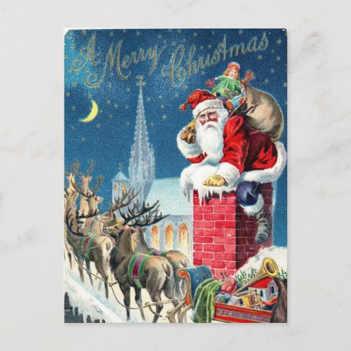Santa Chimney Reindeer On Vintage Christmas Scene Holiday Postcard