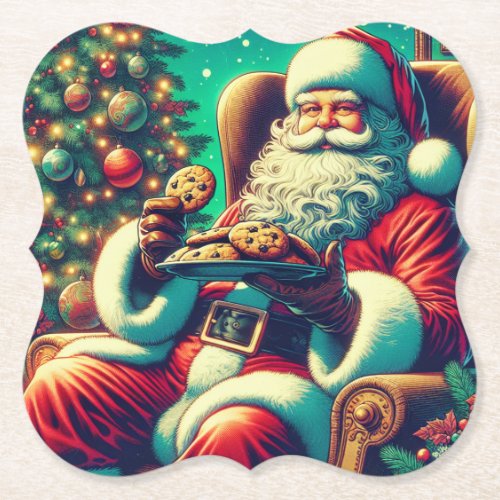 Santa Chocolate Chip Cookies  Vintage Christmas Paper Coaster
